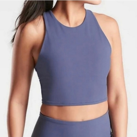 Athleta Conscious Crop Blue High Neck Racerback Cut Out Powervita Sports Bra - Picture 2 of 6